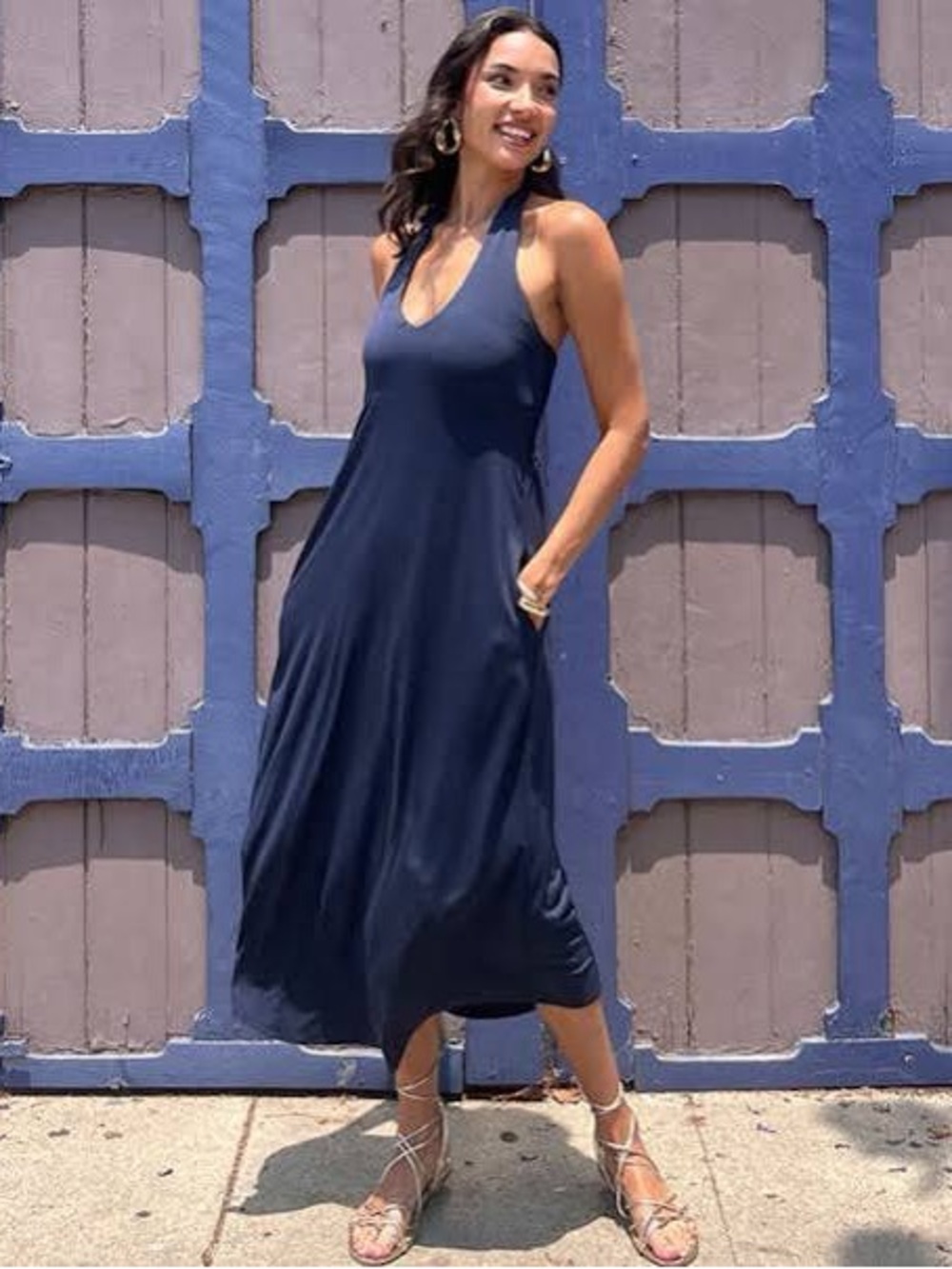 SheBird Harper Halter Bra Dress Navy Built In Bra Pockets Size S/M US 6